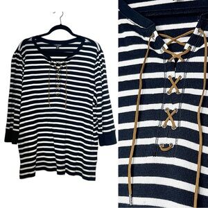 Lauren Ralph Lauren Striped Lace-Up Henley Black White Pullover Top Shirt 2x